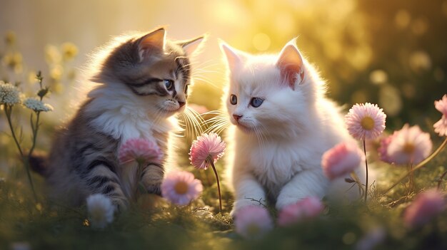 Hermosos gatitos con flores al aire libre