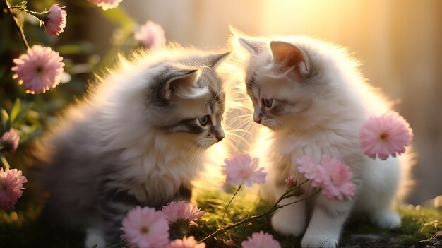 Hermosos gatitos con flores al aire libre