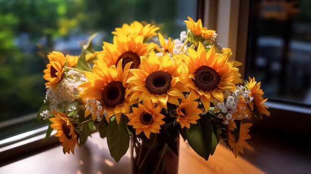 Hermosos girasoles en florero en el interior