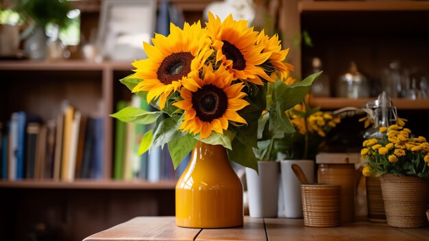 Hermosos girasoles en florero en el interior