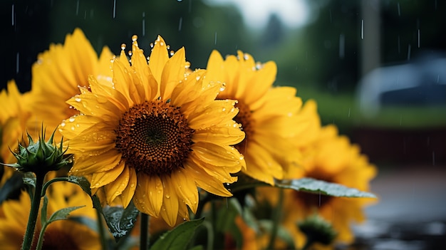 Foto gratuita hermosos girasoles con gotas de agua.