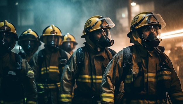 Héroes con ropa de trabajo protectora luchan contra llamas peligrosas al aire libre generadas por IA