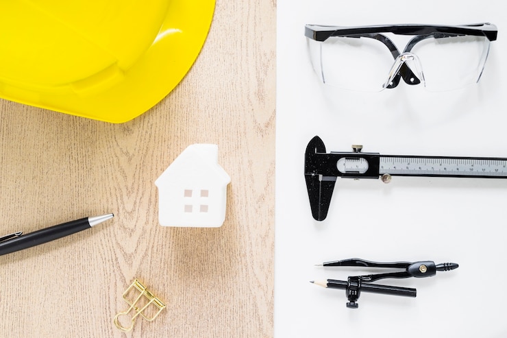 Foto gratuito herramientas de construcción alrededor de la casa de juguete