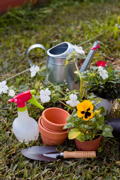 Herramientas de jardinería de alto ángulo y flores en el suelo