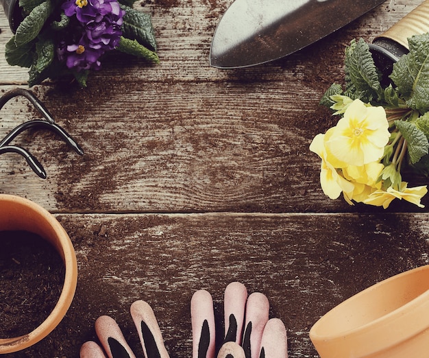 Herramientas de jardinería y maceta en el fondo de la mesa de madera