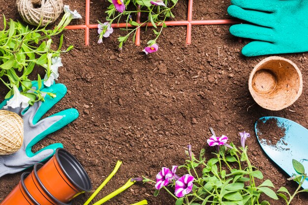 Herramientas de jardinería sobre la tierra vista desde arriba