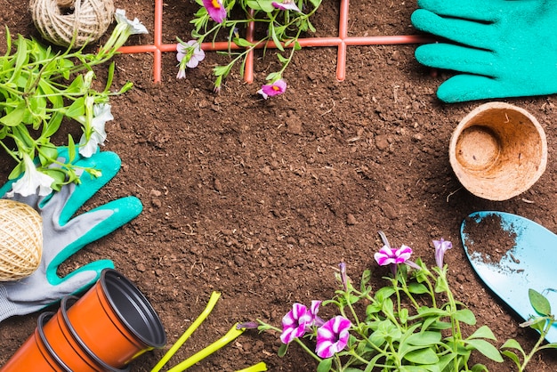 Herramientas de jardinería sobre la tierra vista desde arriba