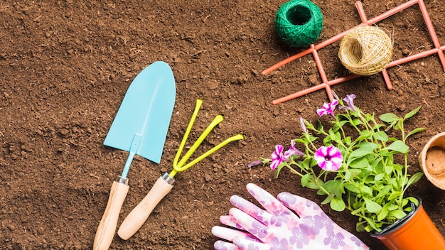 Herramientas de jardinería sobre la tierra visto desde arriba