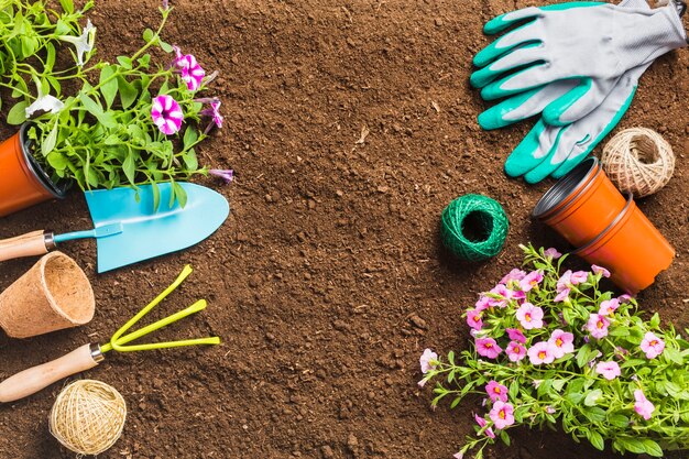 Herramientas de jardinería sobre la tierra visto desde arriba