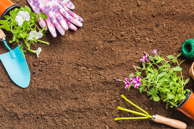 Herramientas de jardinería sobre la tierra visto desde arriba