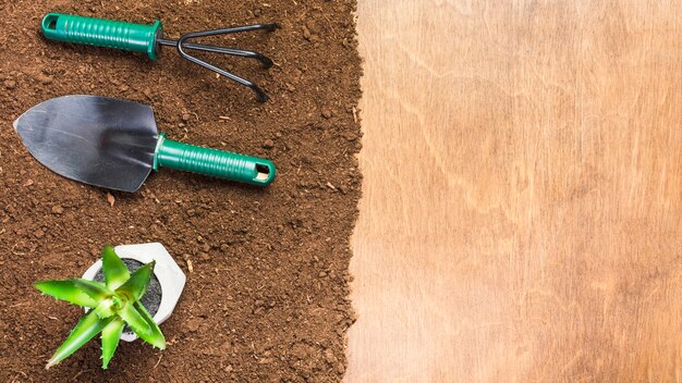 Herramientas de jardinería sobre la tierra visto desde arriba