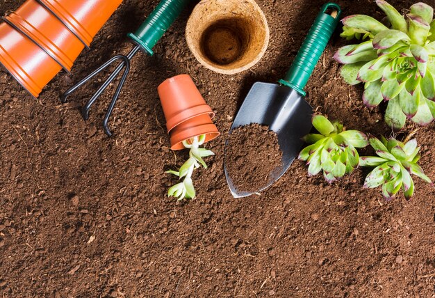 Herramientas de jardinería sobre la tierra visto desde arriba