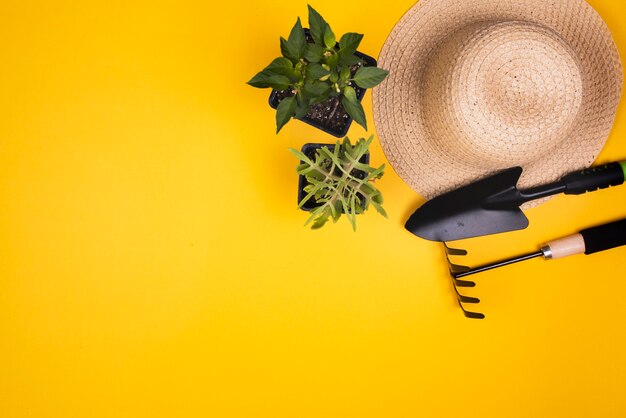 Herramientas de jardinería con sombrero de paja y espacio de copia