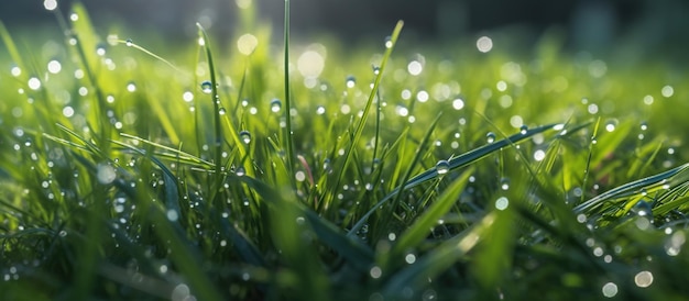 Foto gratuita hierba fresca con gotas de rocío imagen generada por ia