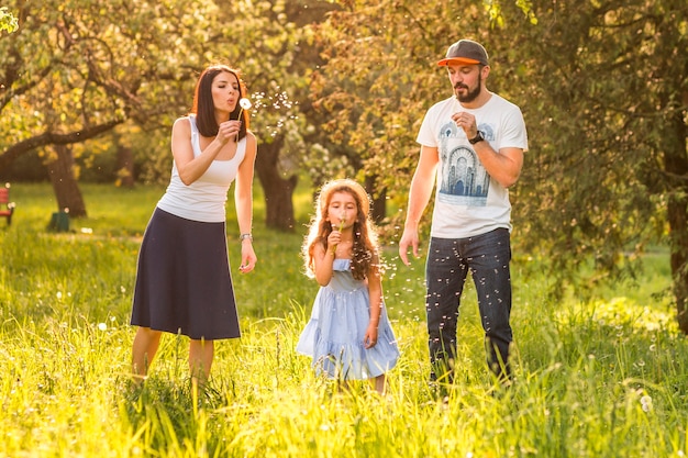 Hija soplando diente de león con sus padres