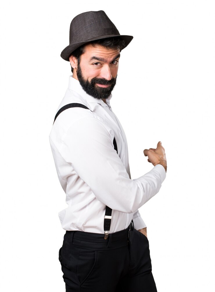 Foto gratuito hipster, hombre, barba, señalar, espalda