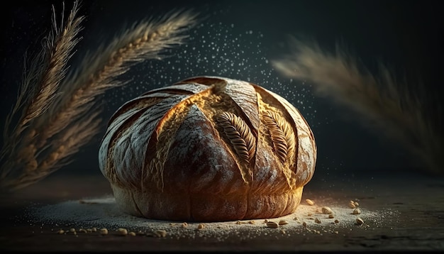Hogaza de pan recién horneado en una IA generativa de fondo oscuro