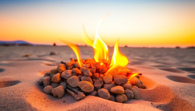 Hoguera ardiente en una playa de arena naranja brillante en la puesta de sol de verano generada por IA