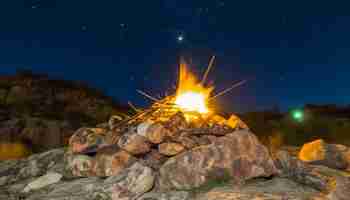 Foto gratuita hoguera resplandeciente que enciende llamas amarillas en un viejo acantilado al atardecer generada por ia
