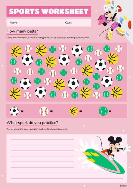 Hoja de ejercicios de Mickey y sus amigos de temática de deportes