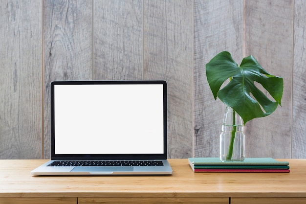 Hoja de Monstera en botella de vidrio sobre los libros y computadora portátil con pantalla blanca