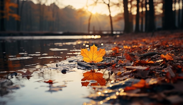 Foto gratuita la hoja de otoño refleja colores vibrantes en un tranquilo paisaje forestal generado por inteligencia artificial