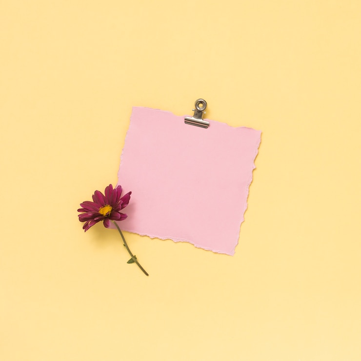 Foto gratuito hoja de papel en blanco con flor rosa