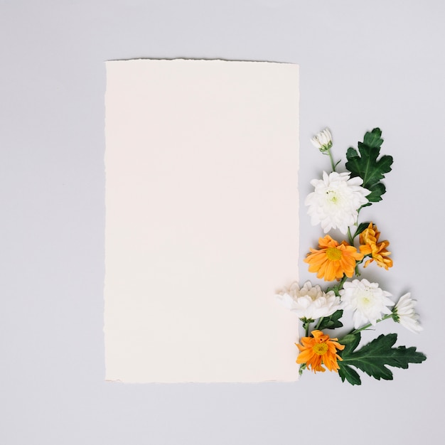 Hoja de papel con pequeñas flores brillantes en mesa