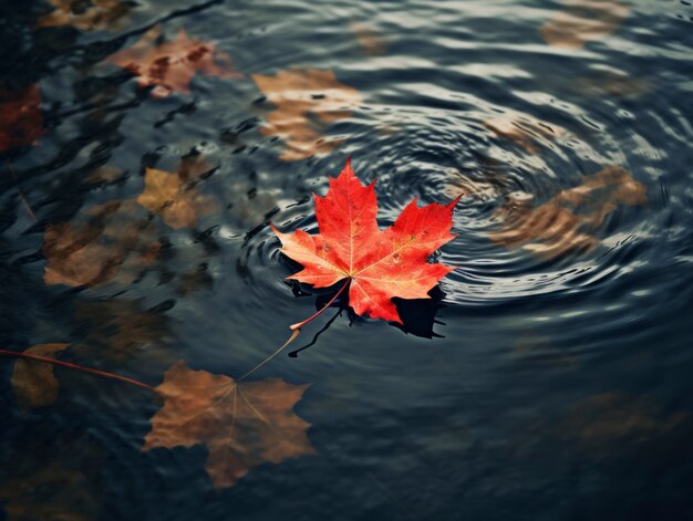 Hoja seca de otoño flotando en el agua