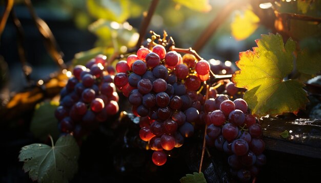 Hoja de uva con fruta y naturaleza otoño agricultura viñedo frescura vinificación racimo generado por inteligencia artificial