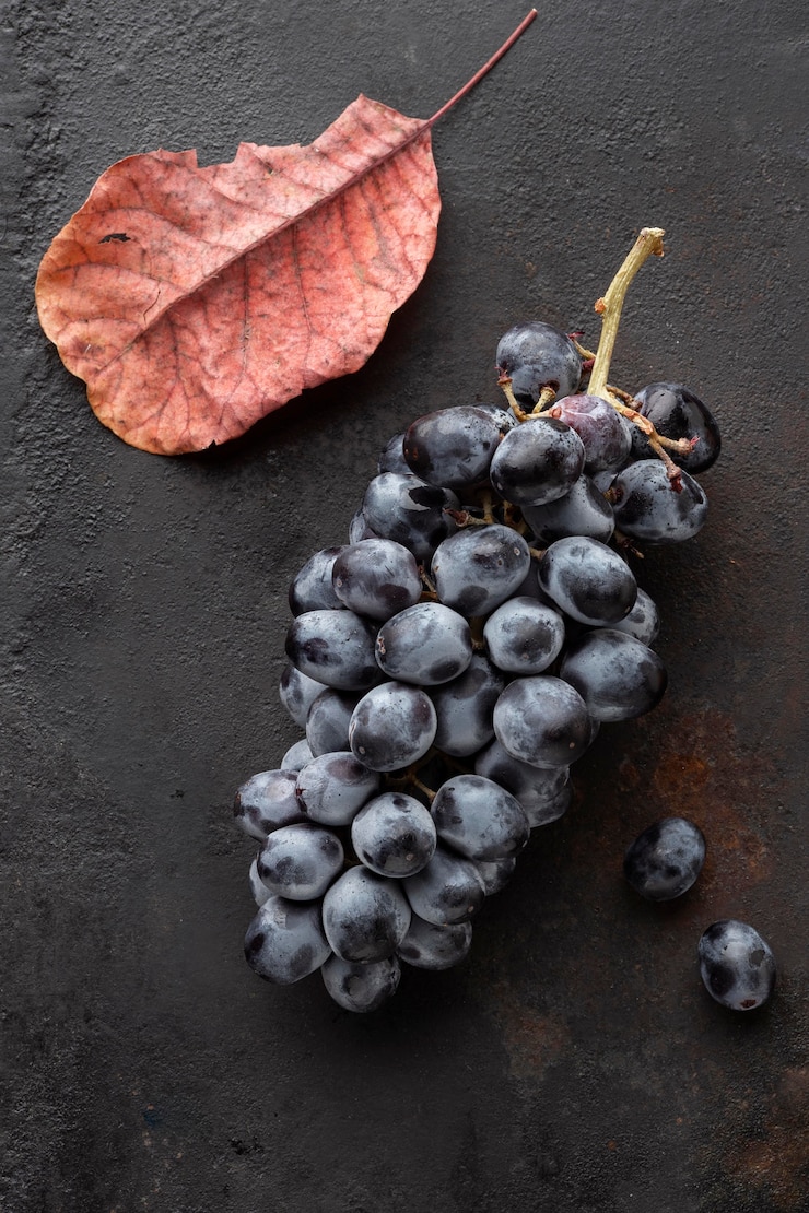 Foto gratuito hoja y uvas vista superior