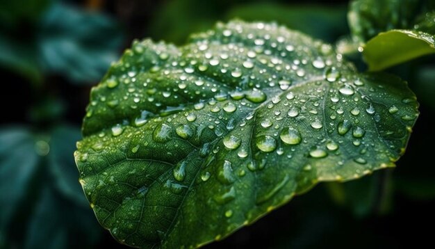 Hoja verde fresca con cierre de gota de rocío generado por IA