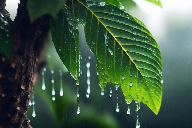 Una hoja verde con gotitas de agua está cubierta de gotas de lluvia.