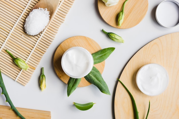 Foto gratuita hojas de aloe vera con un tarro de crema de belleza