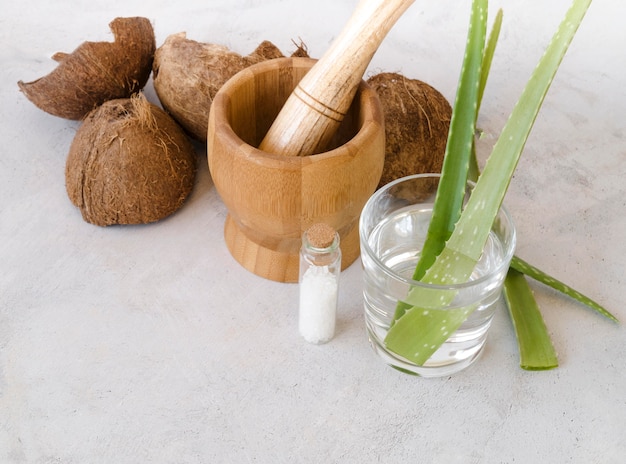 Foto gratuita hojas de aloe vera en un vaso y vista alta de coco