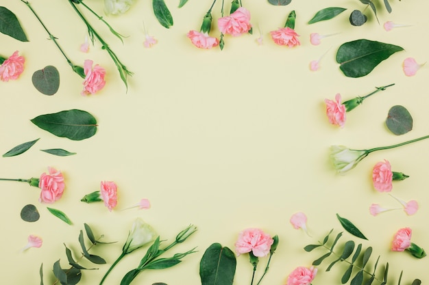 Foto gratuita hojas de eucalipto verde populus; claveles rosados y flores de eustoma con espacio en el centro sobre fondo amarillo