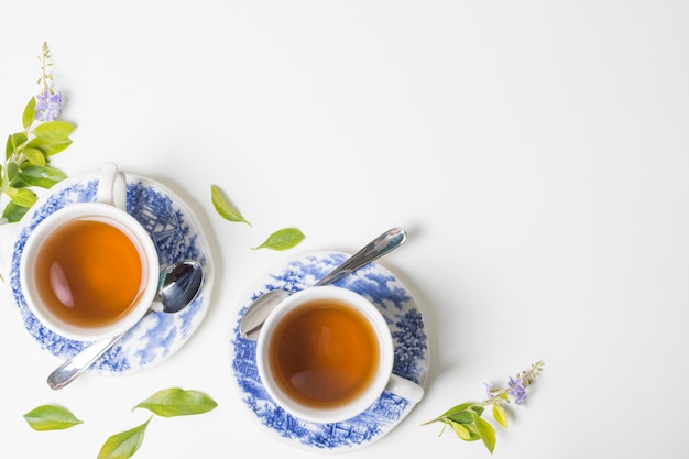 Hojas de hierbas de té de limón con taza y platillo sobre fondo blanco