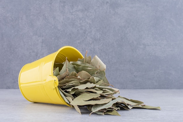 Foto gratuita hojas de laurel secas verdes en una taza sobre una superficie de hormigón