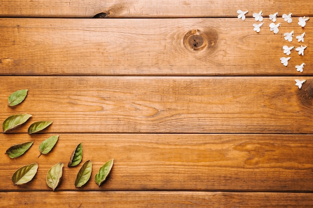 Hojas y pétalos en la mesa de madera