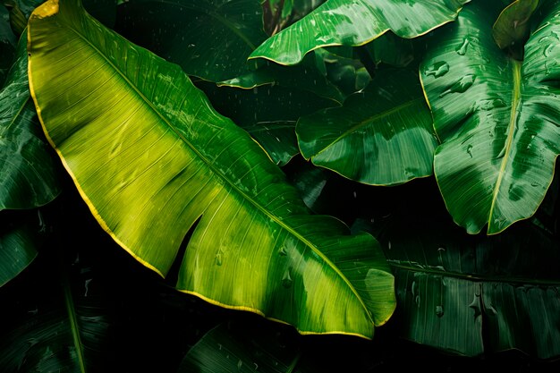 Hojas de plátano con gotas de agua