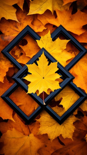 Hojas secas de otoño con marco dorado.