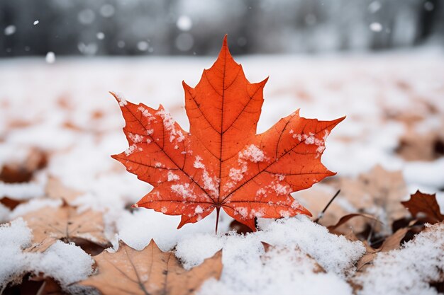 Hojas secas de otoño con nieve durante el comienzo del invierno