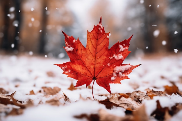 Hojas secas de otoño con nieve durante el comienzo del invierno