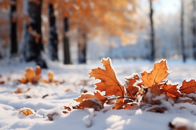 Hojas secas de otoño con nieve durante el comienzo del invierno