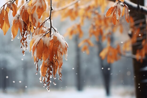 Hojas secas de otoño con nieve durante el comienzo del invierno