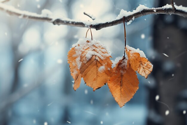 Hojas secas de otoño con nieve durante el comienzo del invierno