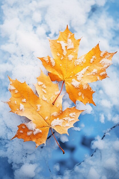 Hojas secas de otoño con nieve durante el comienzo del invierno