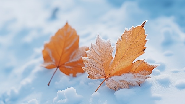 Hojas secas de otoño con nieve durante el comienzo del invierno