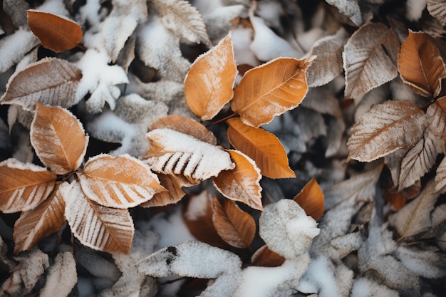 Hojas secas de otoño con nieve durante el comienzo del invierno