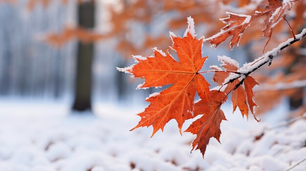 Hojas secas de otoño con nieve durante el comienzo del invierno